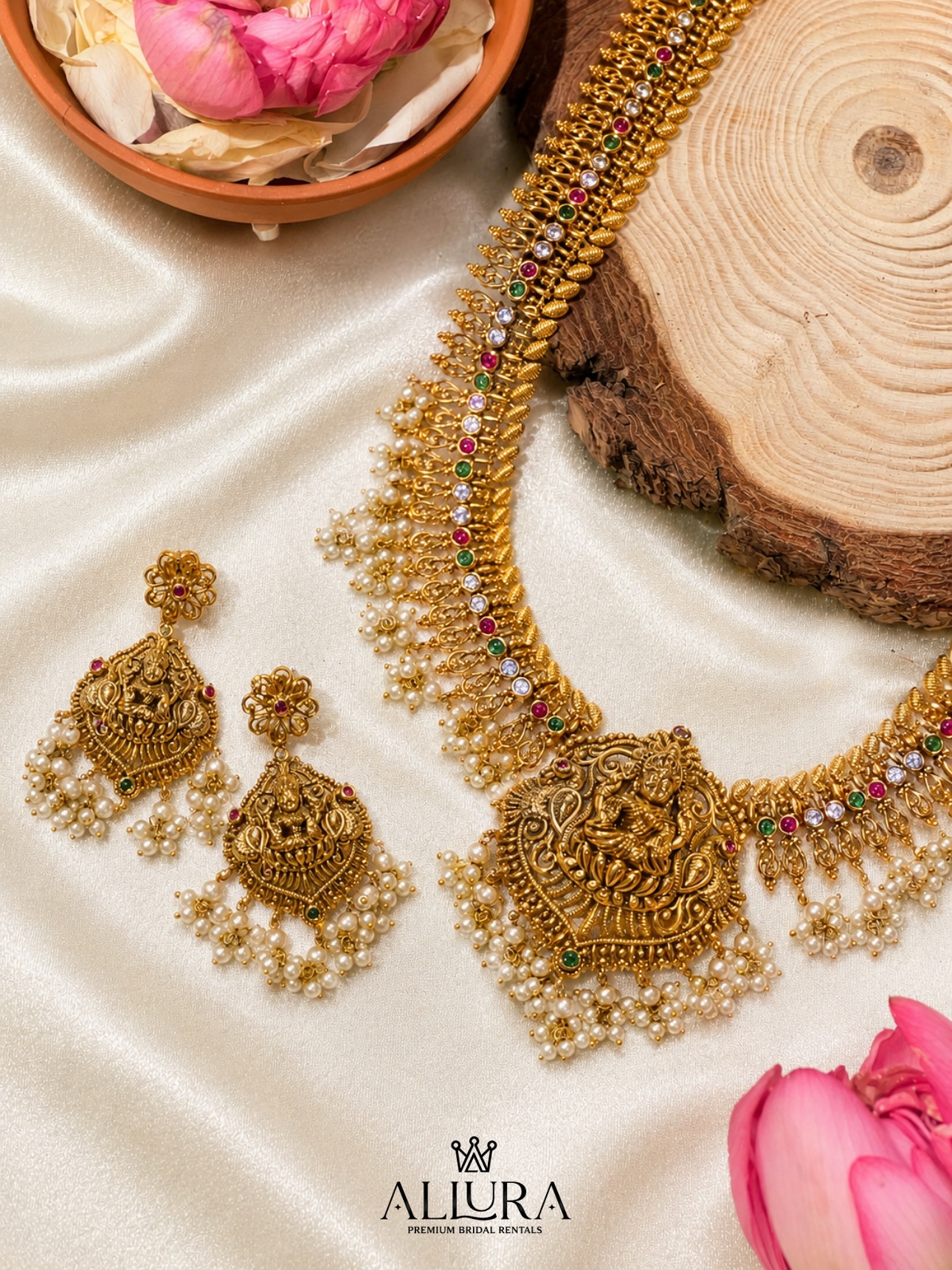 Gold bridal necklace with matching jhumkas